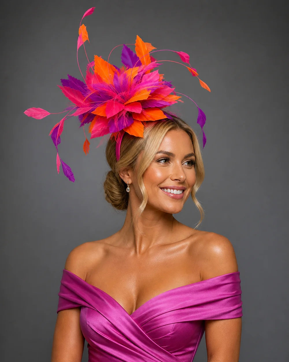 Orange Fuchsia Purple Feathered Fascinator