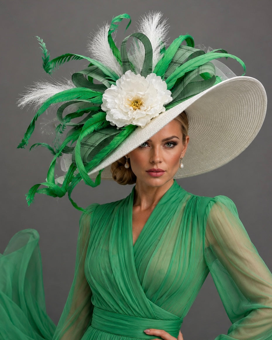 Pioni Green White - Kentucky Derby Hat - Church Hat