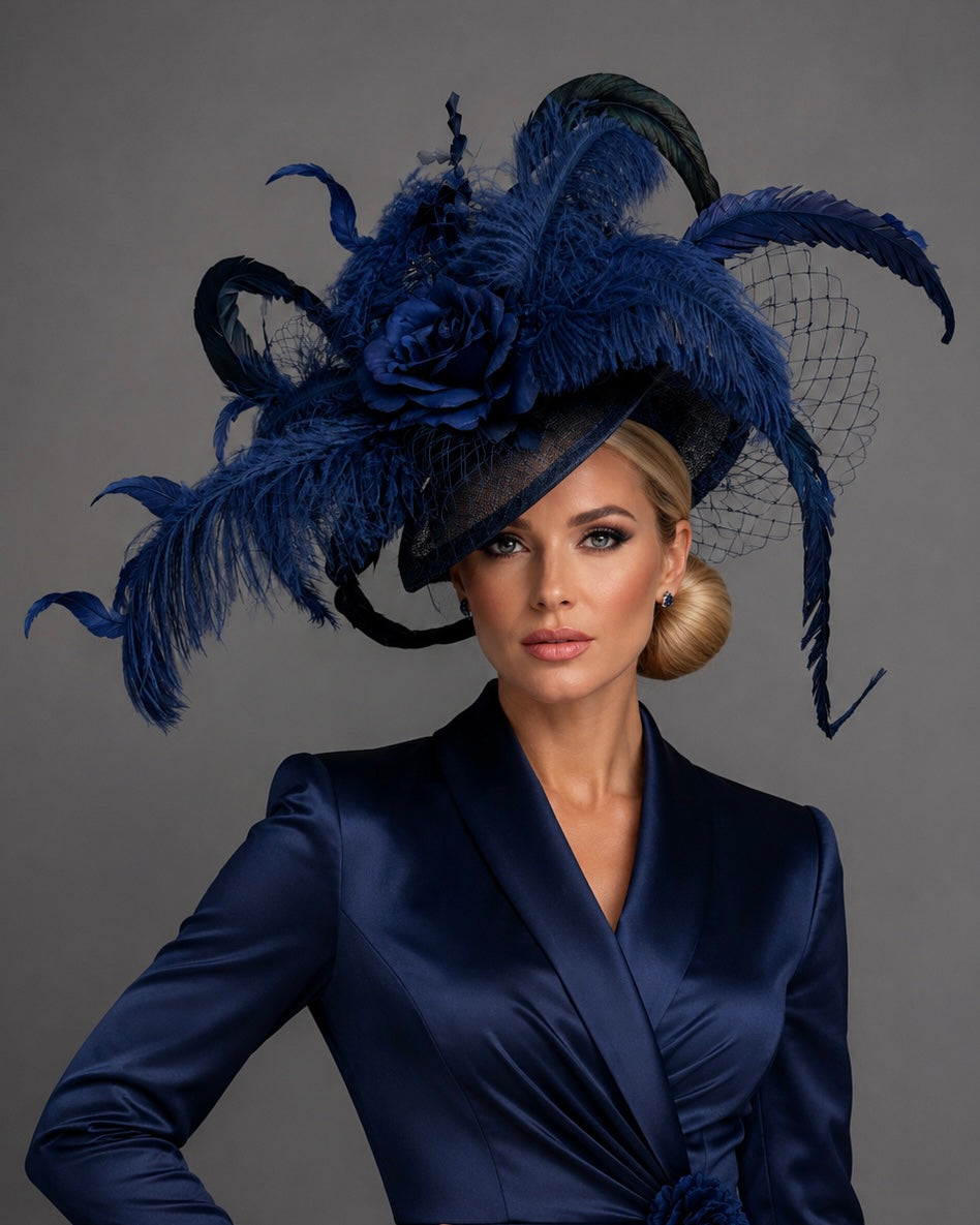 Midnight by Vance - Couture Millinery Fascinator on Headband - Church Hat - Kentucky Derby Hat Navy and Black