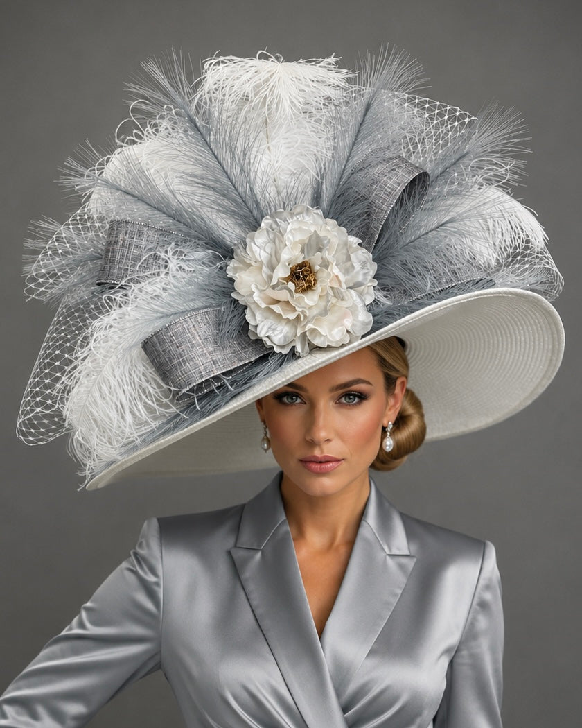 Silverina - White Silver Gray Kentucky Derby Hat - Church Hat