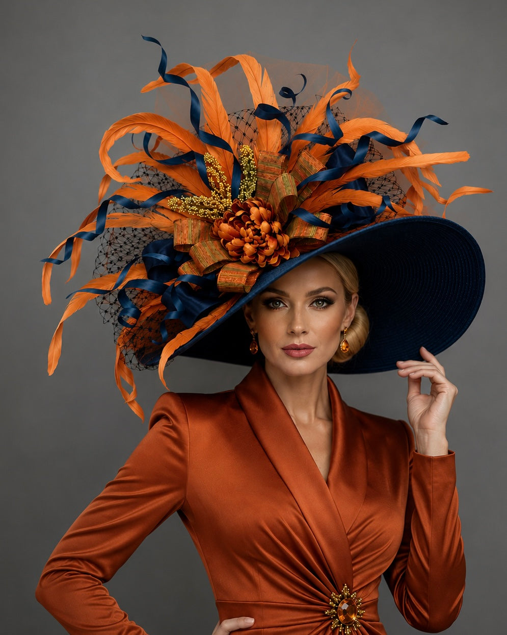 Navy Blue Orange Kentucky Derby Hat - Church Hat