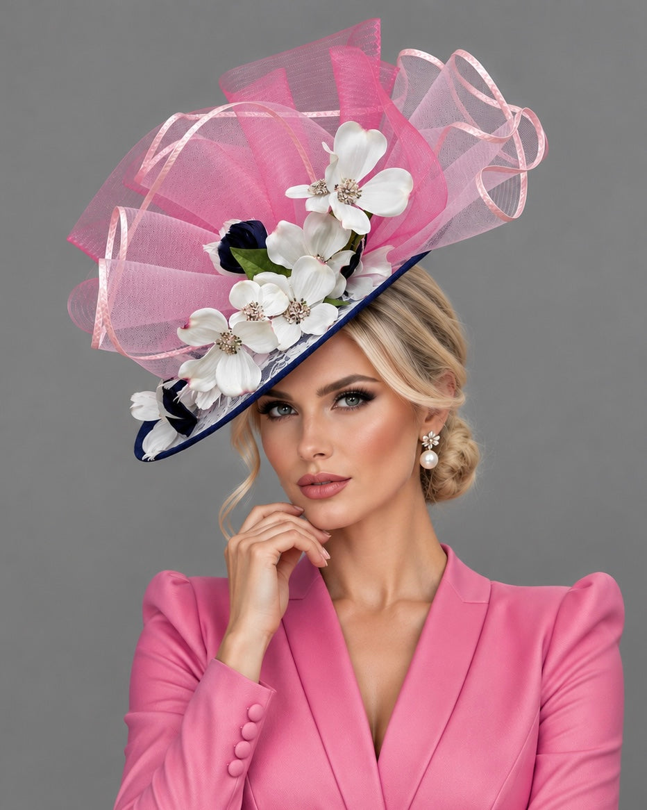 Cindy Navy White Pink - Kentucky Derby Fascinator on Headband