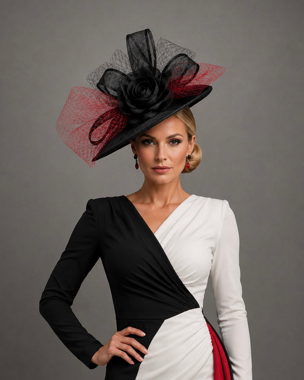 Club House - Kentucky Derby Hat - Fascinator in Black and Red