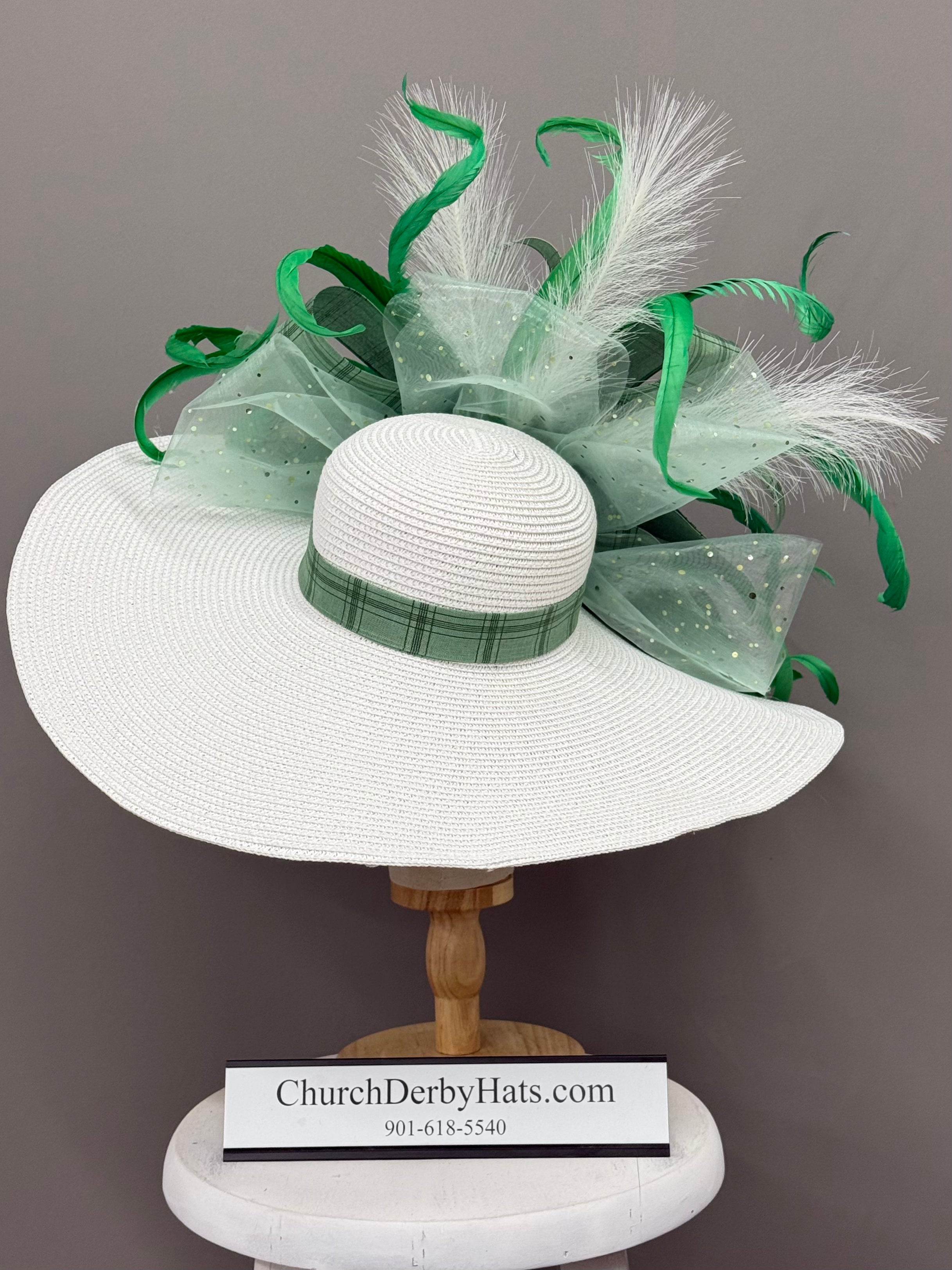 Pioni Green White - Kentucky Derby Hat - Church Hat