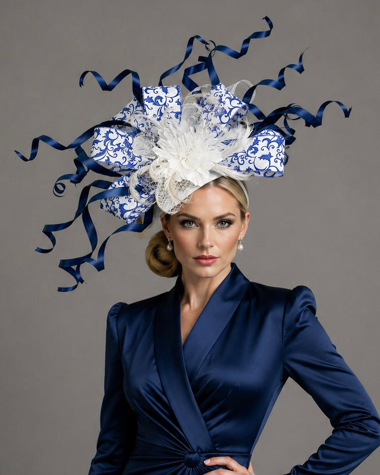 Mandy Blue White Fascinator on Headband