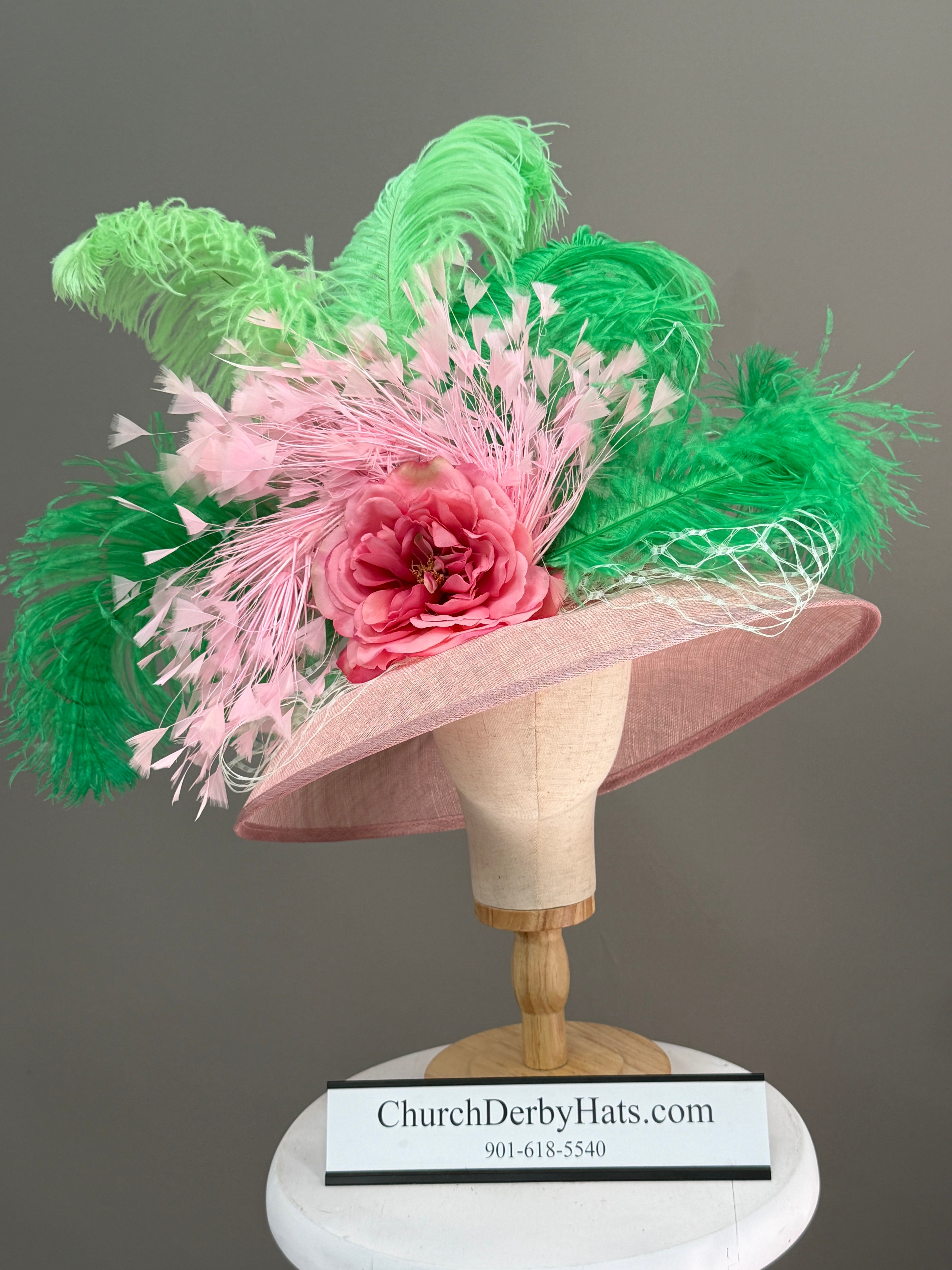 Tessa Pink Green Sinamay - Kentucky Derby Hat