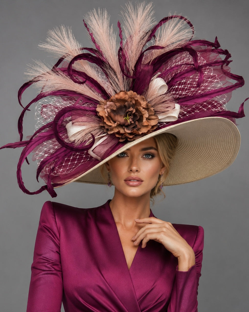 Duchess - Kentucky Derby Hat - Ivory Maroon Church Hat