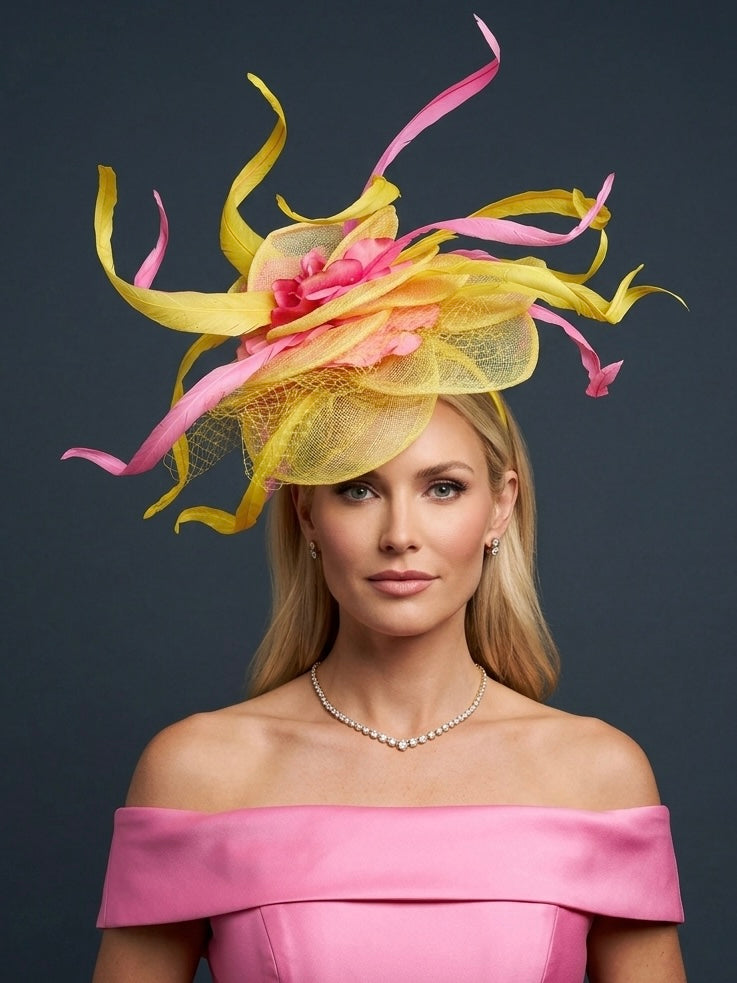 Jessica Yellow Pink Fascinator - Kentucky Derby Hat