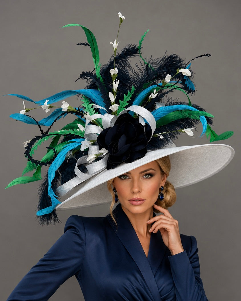 White Navy Green Sinamay