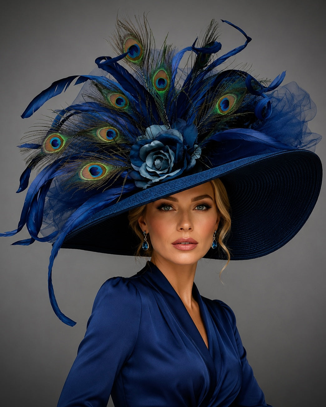 Hagen - Navy Blue Kentucky Derby Hat - Church Hat With Peacock Feathers