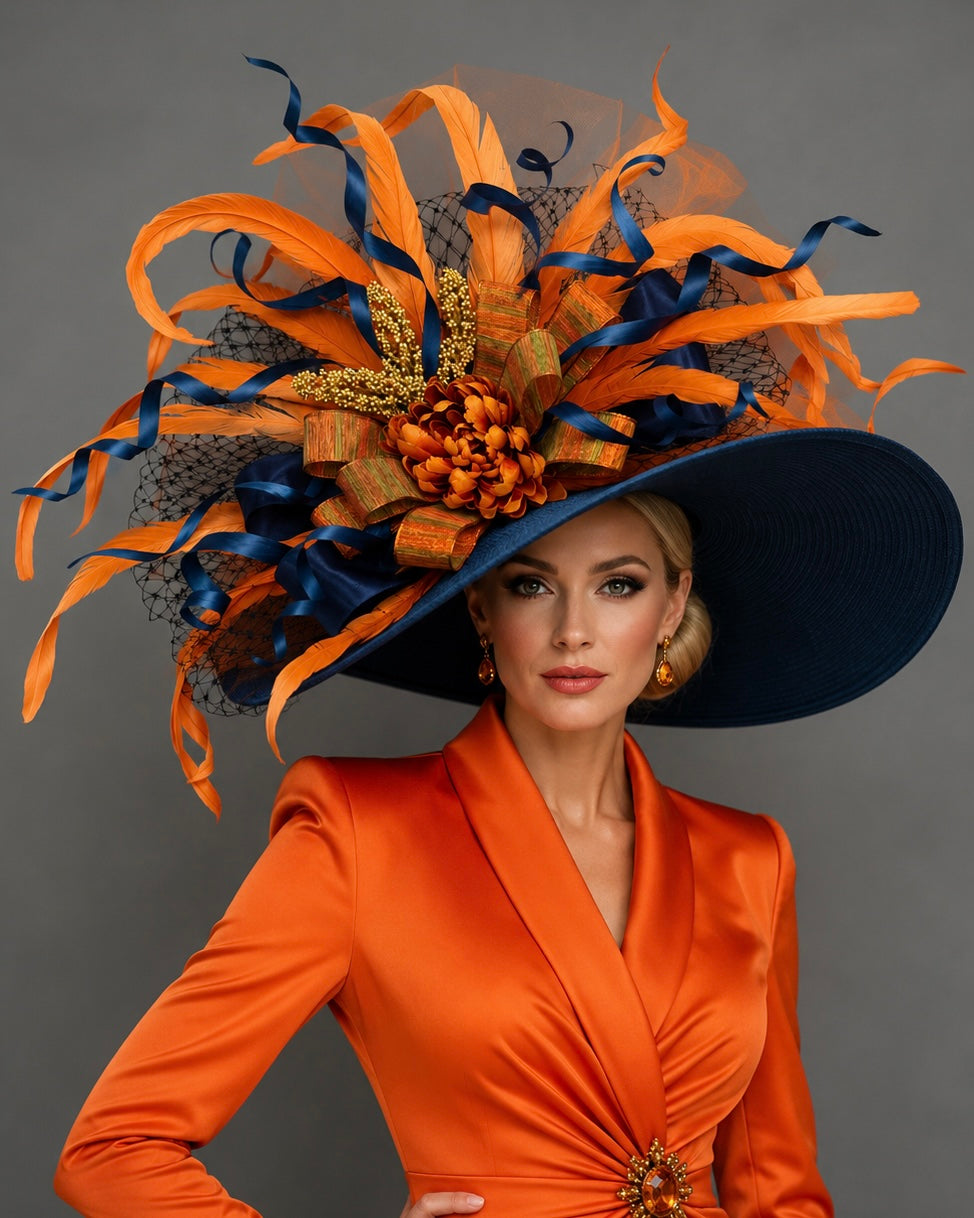 Navy Blue Orange Kentucky Derby Hat - Church Hat