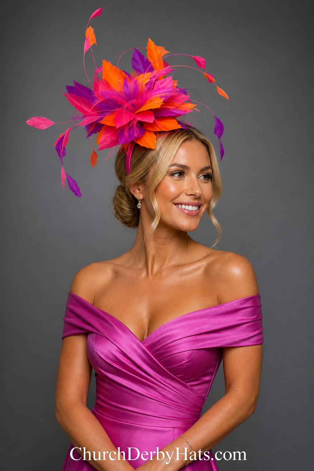 Orange Fuchsia Purple Feathered Fascinator