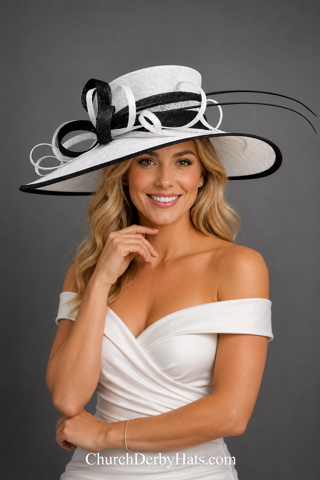 Elizabeth Black White Sinamay - Church Derby Hat