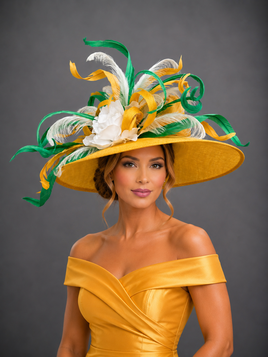 Clarissa Canary Yellow Green and White Sinamay - Church Derby Hat
