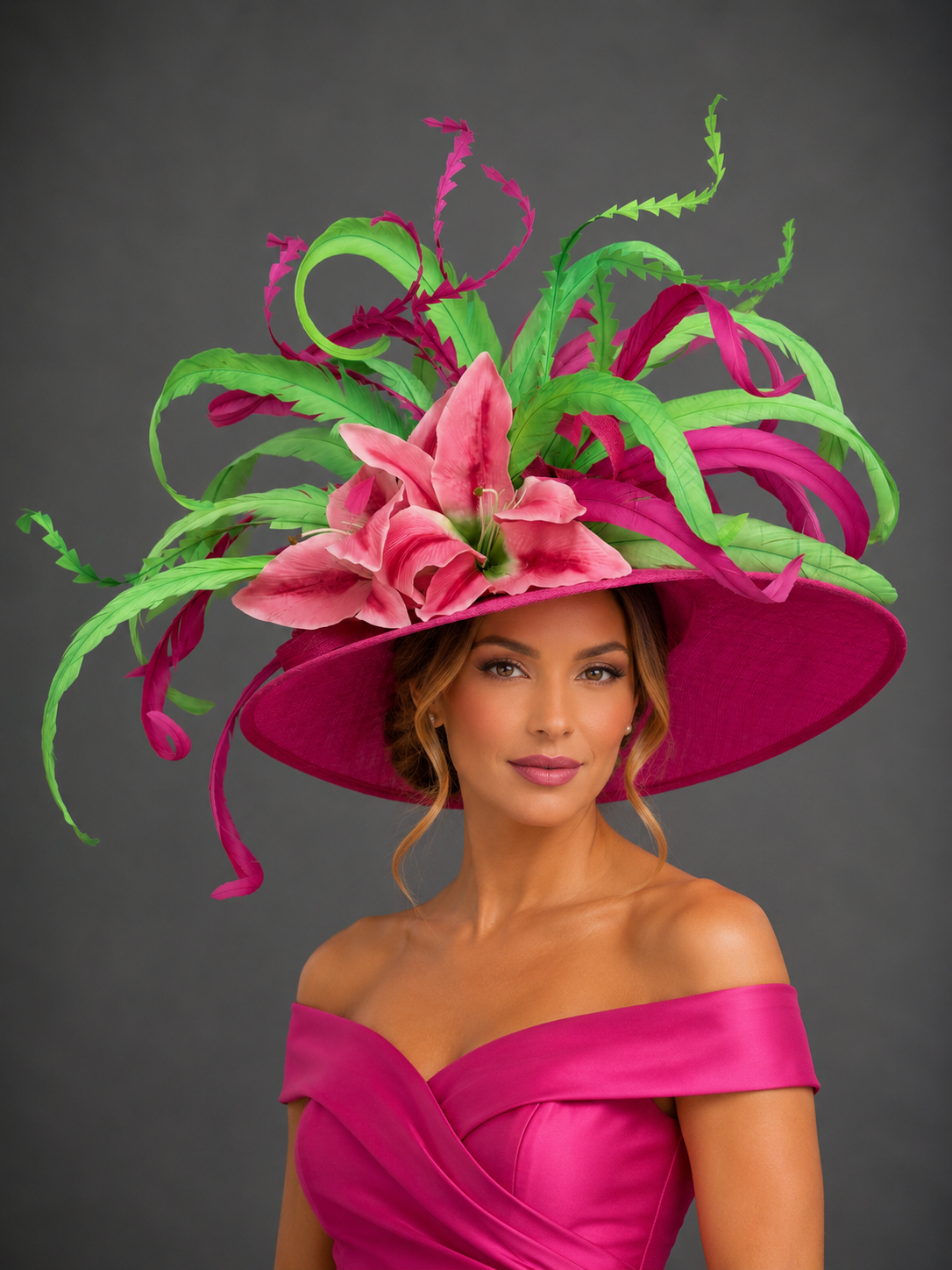 Oaks Lily Hot Pink and Green - Kentucky Derby Hat