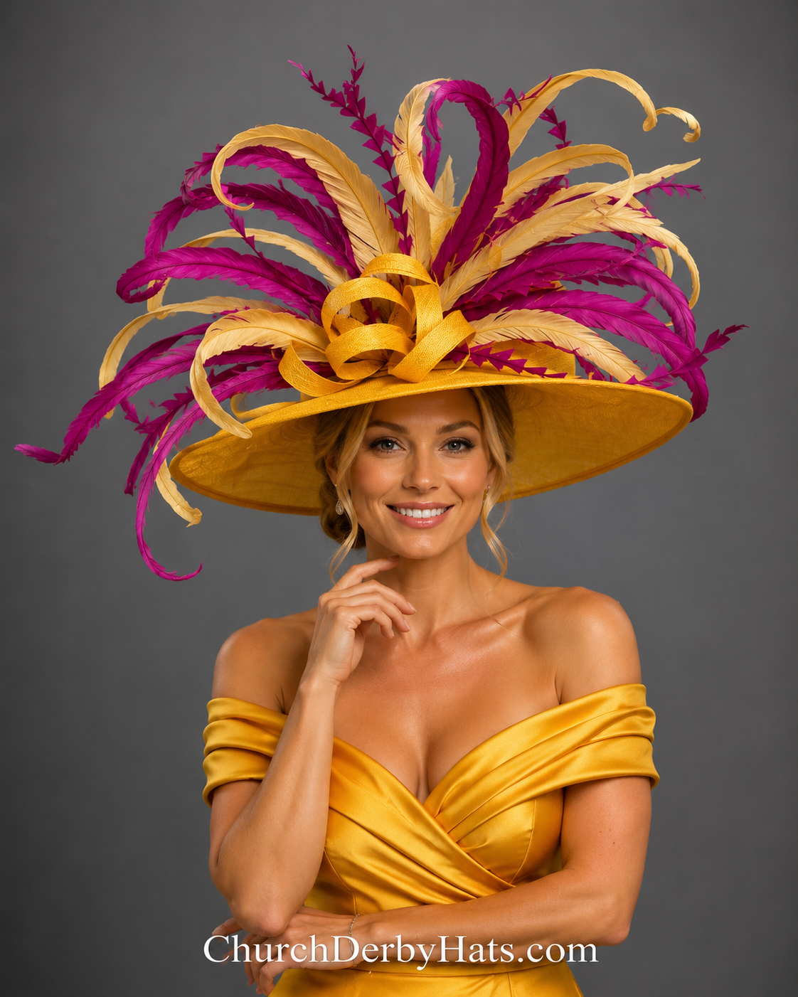 Amy Canary Yellow and Fuchsia - Church Derby Hat