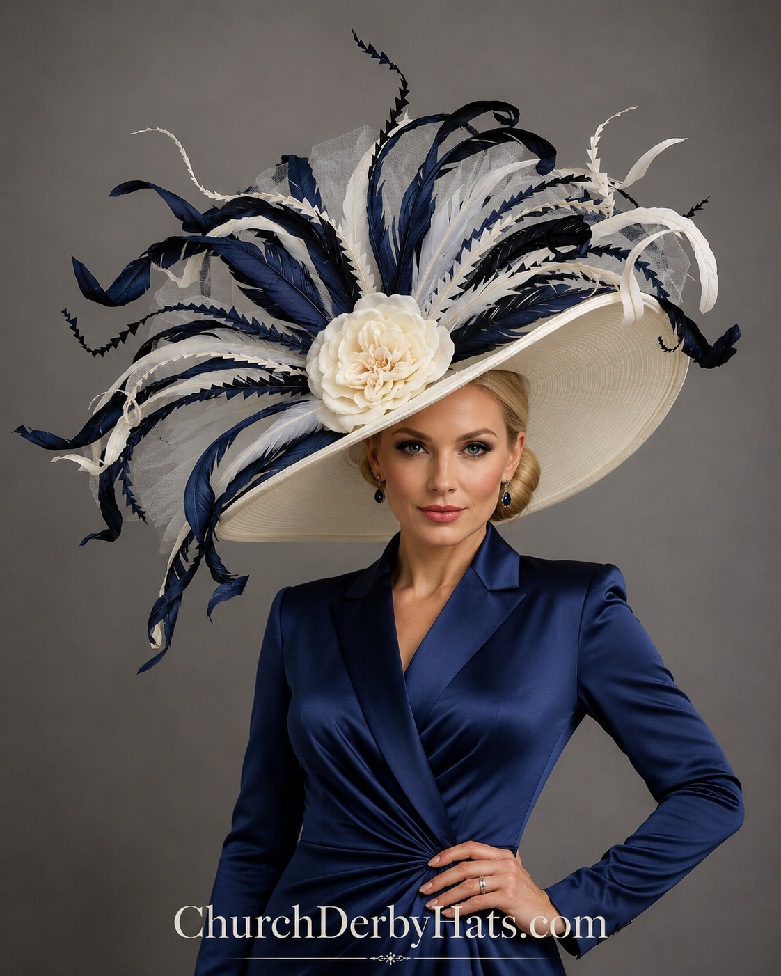 Purslane Ivory Navy Blue - Church Derby Hat