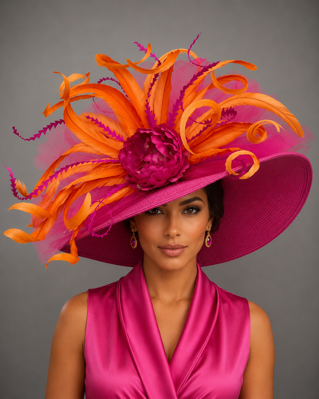 Malone - Orange Fuchsia Pink Kentucky Derby Hat - Church Hat