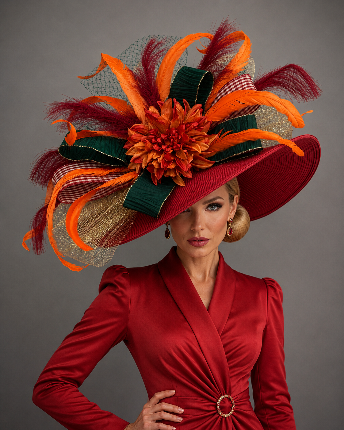 Sally Red Orange - Kentucky Derby Hat - Church Hat