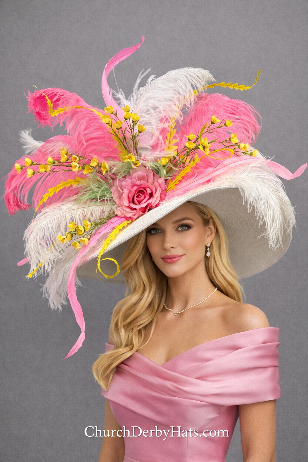 Bethany White Pink Yellow - Luxury Kentucky Derby Hat