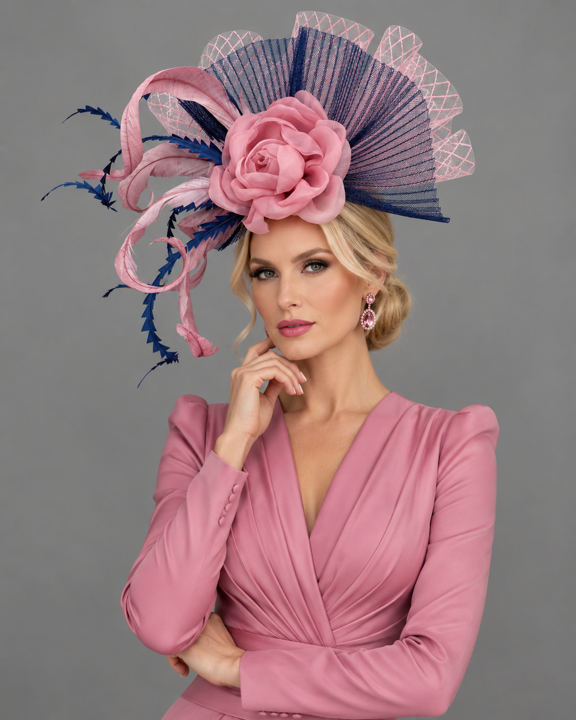 Darla - Pink Navy Blue Fascinator on Headband - Kentucky Derby Hat