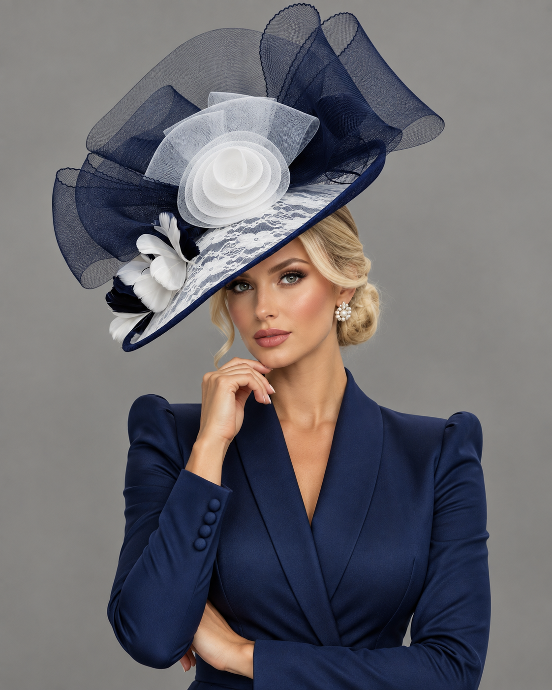 Kate Navy Blue and White  - Fascinator on Headband