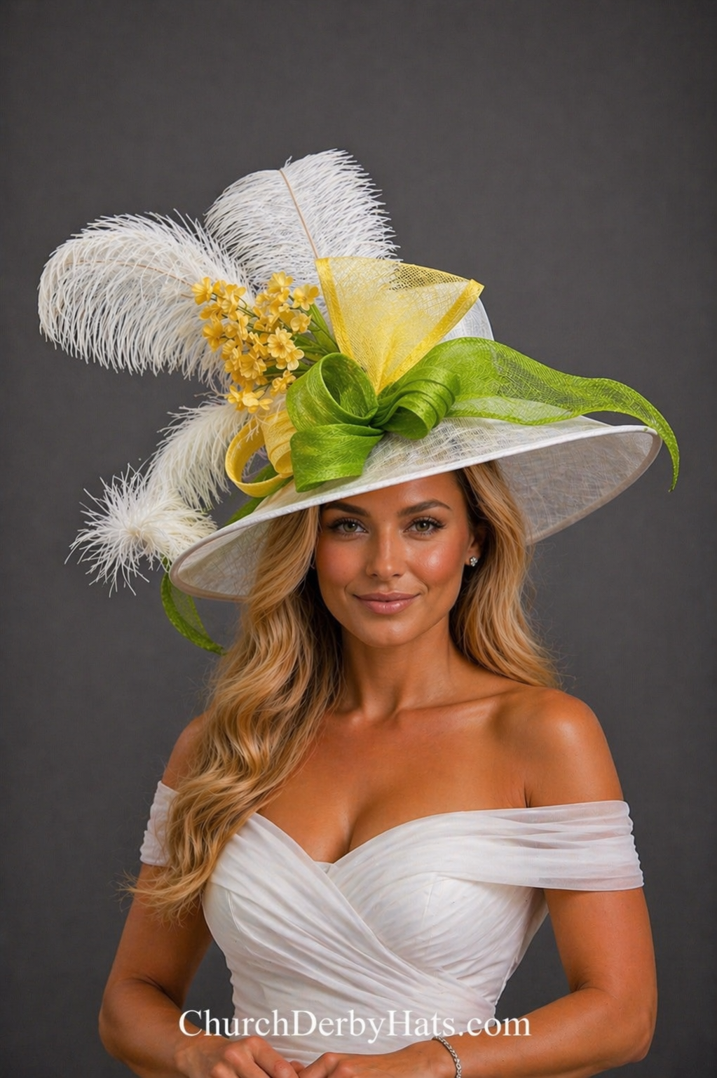 Jena Sinamay Yellow Green White - Kentucky Derby Hat